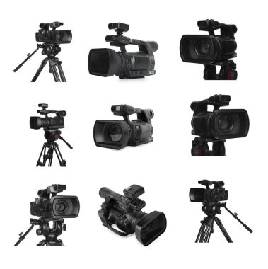 Beyaz arka planda tripodu olan modern video kameralar, kolaj. Profesyonel ekipman