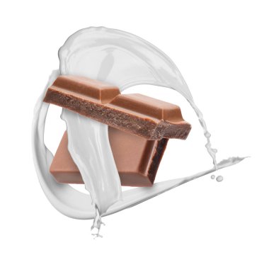 Lezzetli çikolata parçaları ve beyaz arka planda havadaki süt damlaları