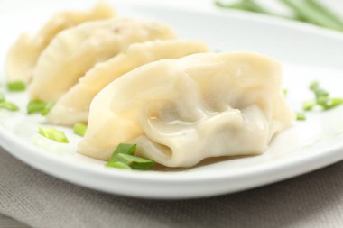Lezzetli haşlanmış gyoza (hamur tatlısı), yeşil soğanlı, yakın plan.