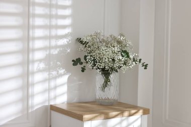 Beautiful gypsophila flowers and eucalyptus branches in vase on table at home