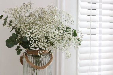 Evdeki vazoda güzel çikila çiçekleri ve okaliptüs dalları, yakın plan. Metin için boşluk