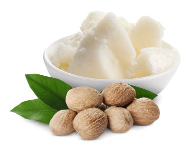 Kase içinde doğal Shea yağı, fındık ve yeşil yapraklar beyaz üzerine izole