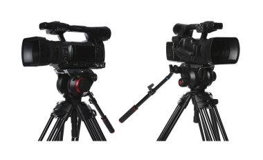 Beyaz arka planda tripodu olan modern video kamera, kolaj. Profesyonel ekipman