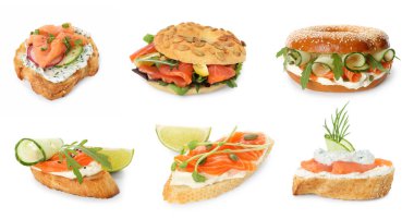 Farklı aperatifler ve somonlu simitler.