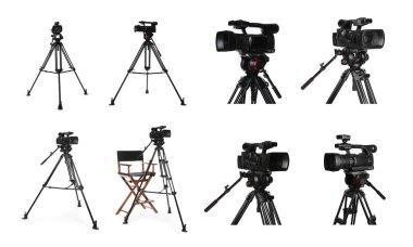 Beyaz arka planda modern video kamera, kolaj. Profesyonel ekipman