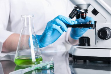 Laboratuvar testi. Bilim adamı mikroskop altında örnekleri inceliyor. Kapalı alanda, yakın çekim.