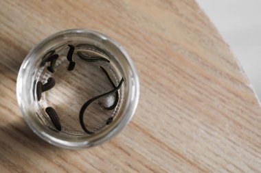 Cam kavanozdaki tıbbi sülükler ahşap masada, üst tarafta. Metin için boşluk