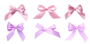 Beyaz arka planda farklı güzel fiyonklar, kolaj