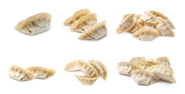 Beyaz arkaplanda pişirilmemiş gyoza seti