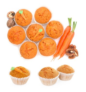 Lezzetli havuçlu çörekler beyaza izole edilmiş, hazır.