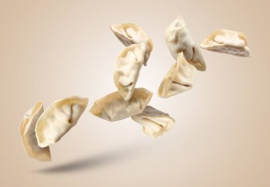 Pişmemiş gyoza koyu bej arkaplana düşüyor