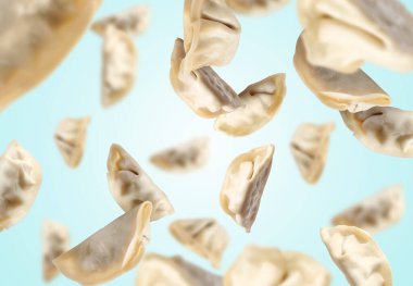 Açık mavi arkaplanda pişirilmemiş gyoza