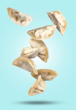 Pişmemiş gyoza açık mavi arkaplana düşüyor