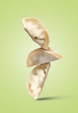 Pişmemiş gyoza açık yeşil arkaplana düşüyor