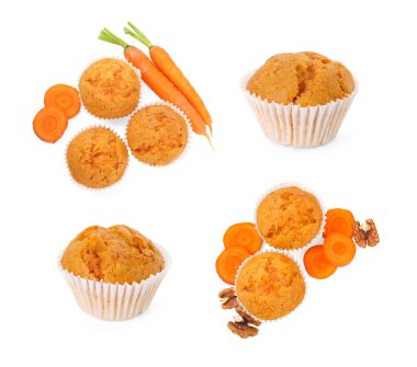 Lezzetli havuçlu çörekler beyaza izole edilmiş, hazır.