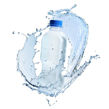 Bir şişe su ve beyaz arka planda havaya sıçrama.