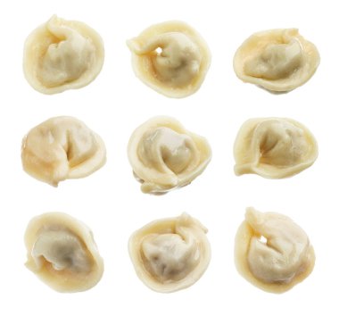 Beyaz arka planda kaynamış hamur tatlısı (pelmeni), kolaj