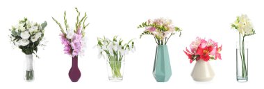 Beyaz vazolardaki farklı güzel çiçeklerden buketler.