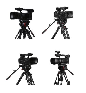 Beyaz arka planda tripodu olan modern video kamera, kolaj. Profesyonel ekipman
