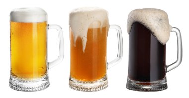 Farklı tipte taze bira, beyaz sette izole edilmiş.