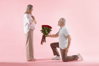 Adam pembe arka planda mutlu karısına kırmızı güller sunuyor.