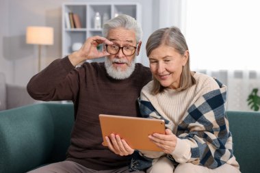 Evdeki kanepede tablete bakan sevimli yaşlı çift.