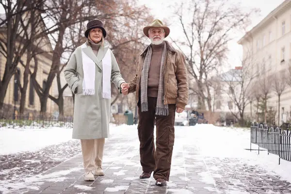Kış gününde el ele tutuşan sevimli yaşlı çift.
