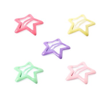 Yıldız şeklinde saç tokaları beyaz ve set üzerine izole edilmiş farklı renklerde.