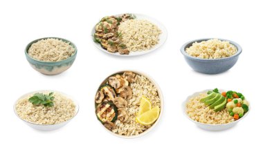 Lezzetli kahverengi pirinç, beyaz üzerine izole edilmiş.