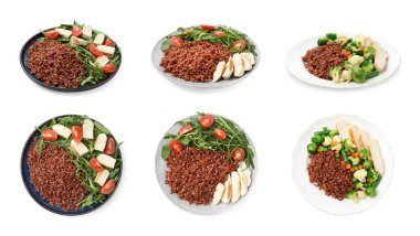 Beyaz üzerine izole edilmiş kahverengi pirinç, kolaj. Üst ve yan görünüm