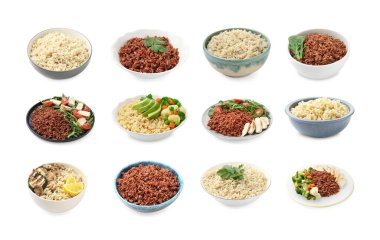 Lezzetli kahverengi pirinç, beyaz üzerine izole edilmiş.