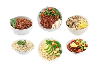 Beyaz üzerine izole edilmiş kahverengi pirinç, kolaj