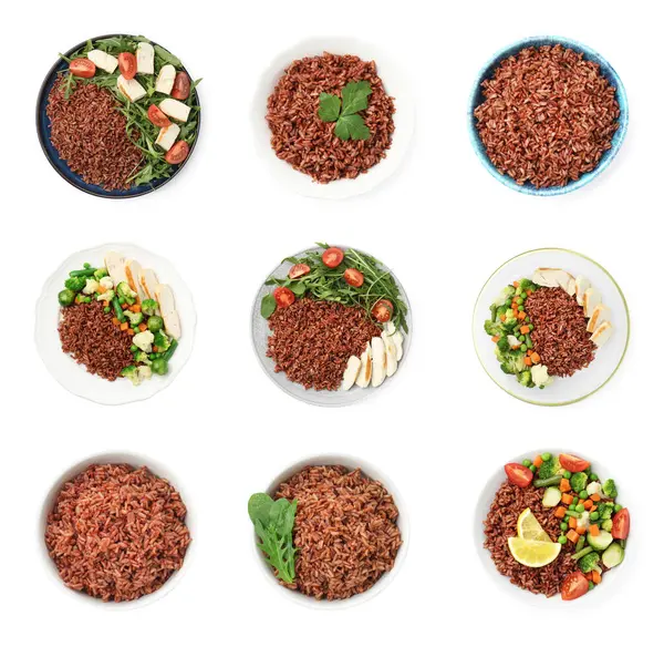 Lezzetli kahverengi pirinç beyaz üzerine izole edilmiş, set. Üst görünüm