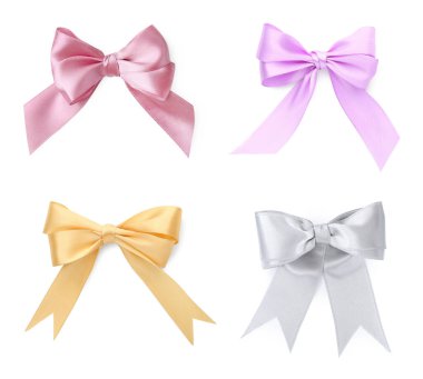 Beyaz arka planda farklı güzel fiyonklar, kolaj