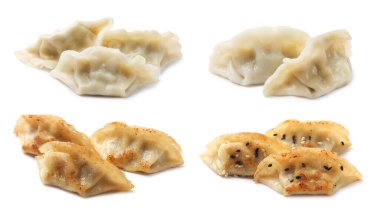 Beyaz arka planda lezzetli gyoza (hamur tatlısı), kolaj