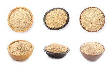 Beyaz arka planda kahverengi pirinç, kolaj. Üst ve yan görünüm