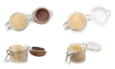 Beyaz arka planda cam kavanozlarda kahverengi pirinç, kolaj. Üst ve yan görünüm