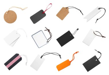 Beyaz arka planda bir sürü boş etiket, kolaj. Tasarım için model