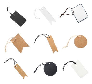 Beyaz arka planda bir sürü boş etiket, kolaj. Tasarım için model