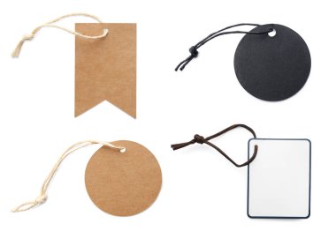 Beyaz arka planda bir sürü boş etiket, kolaj. Tasarım için model