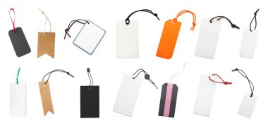 Beyaz arka planda bir sürü boş etiket, kolaj. Tasarım için model