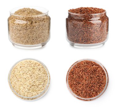 Beyaz arka planda cam kavanozlarda farklı tipte kahverengi pirinç, kolaj. Üst ve yan görünüm