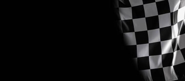 Karanlıkta siyah beyaz damalı yarış bayrağı, yazı için boşluk. Pankart