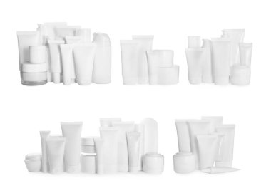 Beyaza izole edilmiş farklı kozmetik ürünler, kolaj