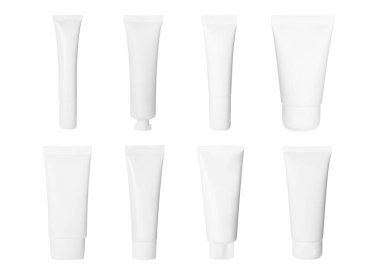 Tüplerdeki kozmetik ürünler beyaza izole edilmiş, kolaj