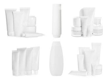 Beyaza izole edilmiş farklı kozmetik ürünler, kolaj