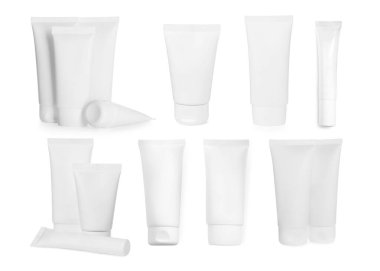 Tüplerdeki kozmetik ürünler beyaza izole edilmiş, kolaj