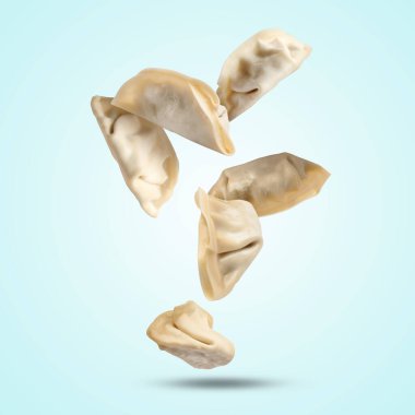Pişmemiş gyoza açık mavi arkaplana düşüyor