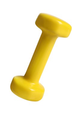 Beyaza izole edilmiş sarı bir dambıl. Spor malzemeleri.