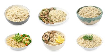 Lezzetli kahverengi pirinç, beyaz üzerine izole edilmiş.